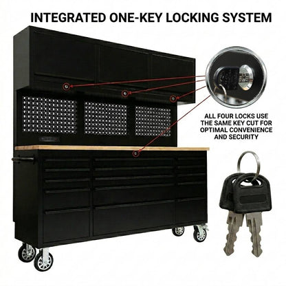 GT7218 72-Inch Rolling Tool Chest with Wood Workbench, LED Light, Power Strip & Upper Cabinets – Black
