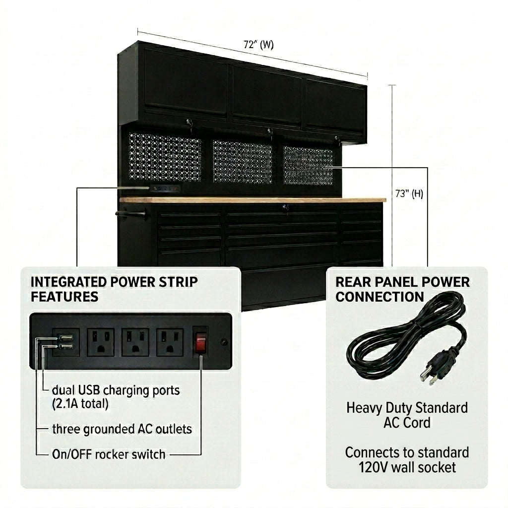 GT7218 72-Inch Rolling Tool Chest with Wood Workbench, LED Light, Power Strip & Upper Cabinets – Black