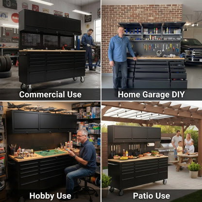 GT7218 72-Inch Rolling Tool Chest with Wood Workbench, LED Light, Power Strip & Upper Cabinets – Black
