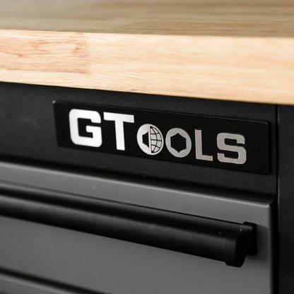 GT7218 72-Inch Rolling Tool Chest with Wood Workbench, LED Light, Power Strip & Upper Cabinets – Black