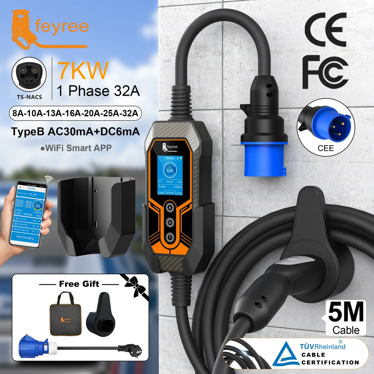 feyree TS-NACS 7kW Portable EV Charger, 32A, Smart App Control