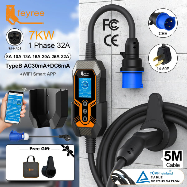 feyree TS-NACS 7kW Portable EV Charger, 32A, Smart App Control