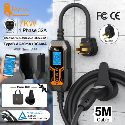 feyree TS-NACS 7kW Portable EV Charger, 32A, Smart App Control