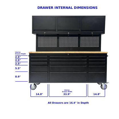 GT7218 72-Inch Rolling Tool Chest with Wood Workbench, LED Light, Power Strip & Upper Cabinets – Black