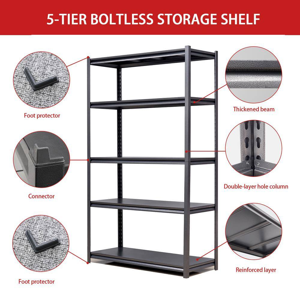 72 In. H 5-Tier Metal Shelves 2000 Lbs. Heavy Duty Storage Shelve Adjustable Garage Shelf Industrial Shelving Unit-Black