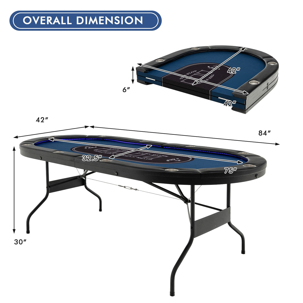 10-Player Folding Poker Table with LED Lights, USB Ports & 10 Cup Holders