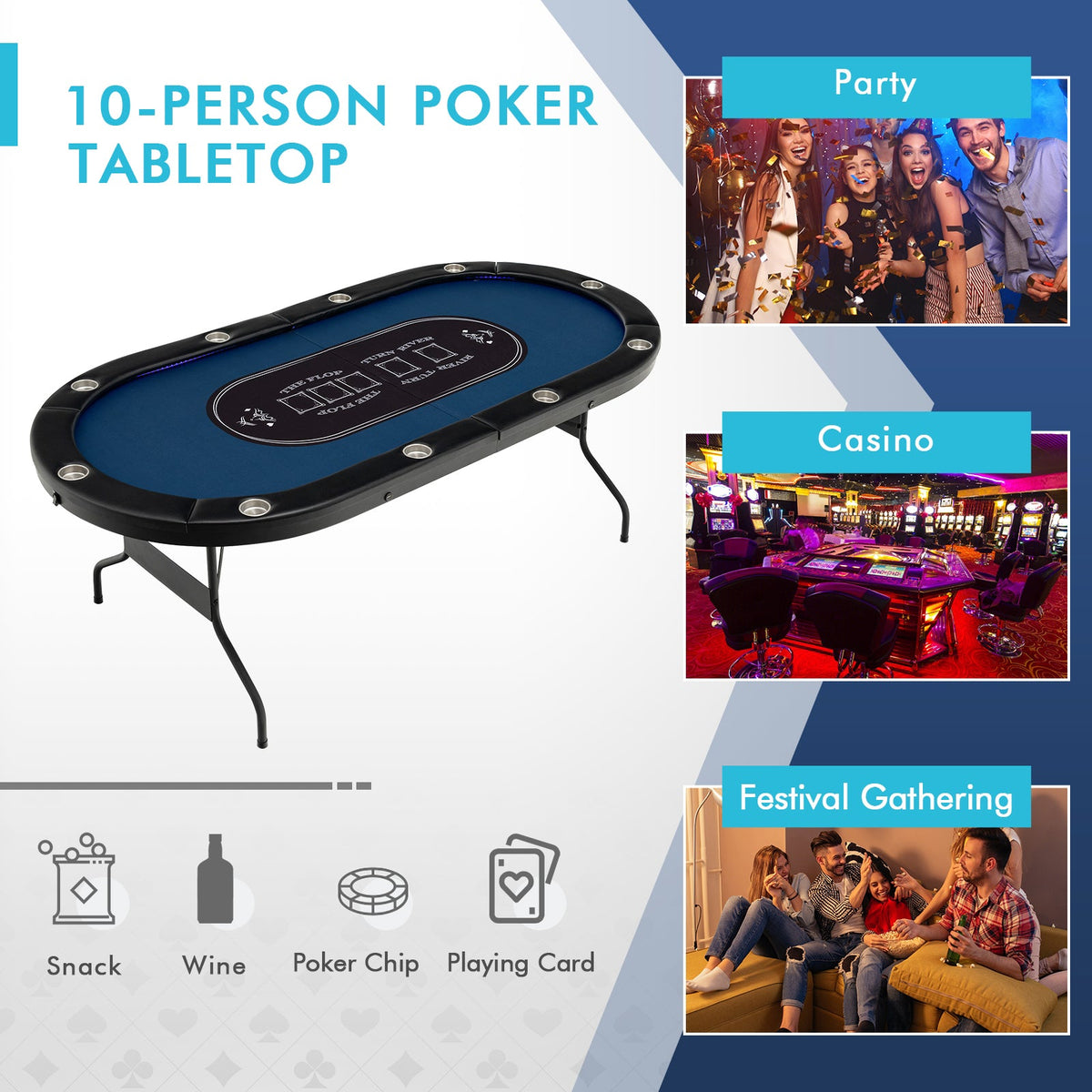 10-Player Folding Poker Table with LED Lights, USB Ports & 10 Cup Holders