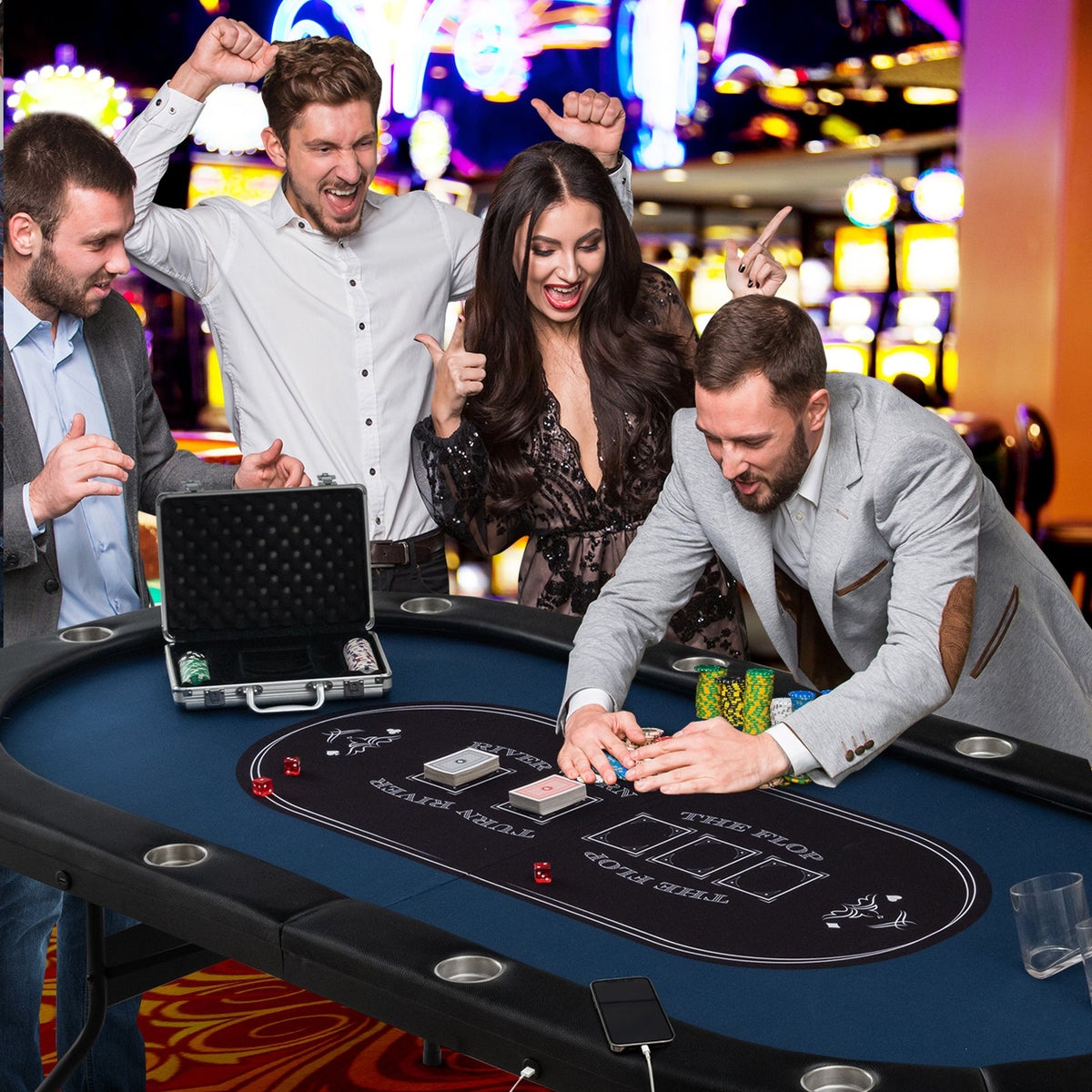 10-Player Folding Poker Table with LED Lights, USB Ports & 10 Cup Holders